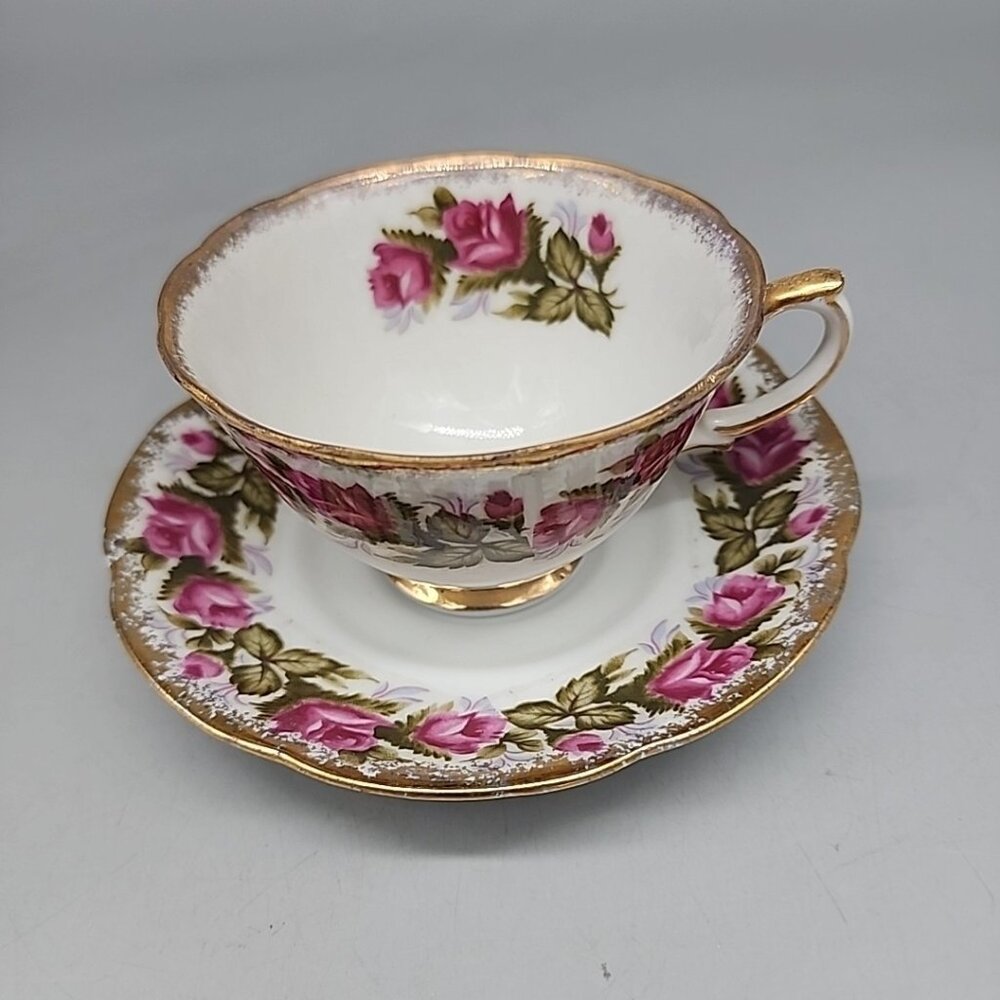 Vintage Trimont Japan Pink Rose Teacup Saucer Gold Rim